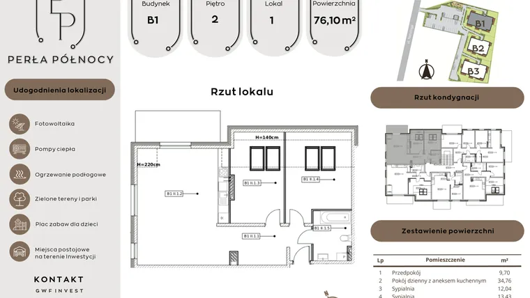 Rzut - Mieszkanie na sprzedaż 3 pokoje o powierzchni 76,1 m² - numer B1.2_1 w Perła Północy etap 2
