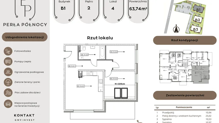 Rzut - Mieszkanie na sprzedaż 3 pokoje o powierzchni 63,74 m² - numer B1.2_4 w Perła Północy etap 2