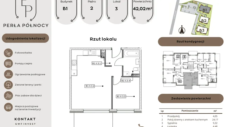 Rzut - Mieszkanie na sprzedaż 2 pokoje o powierzchni 42,02 m² - numer B1.2_3 w Perła Północy etap 2