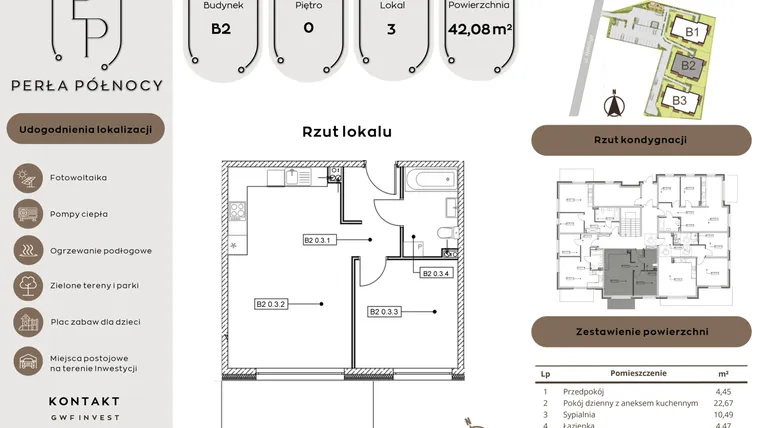 Rzut - Mieszkanie na sprzedaż 2 pokoje o powierzchni 42,08 m² - numer B2.0_3 w Perła Północy etap 2