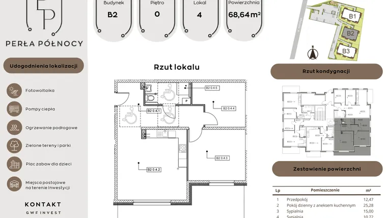 Rzut - Mieszkanie na sprzedaż 3 pokoje o powierzchni 68,64 m² - numer B2.0_4 w Perła Północy etap 2