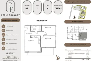 Rzut - Mieszkanie na sprzedaż 3 pokoje o powierzchni 73,18 m² - numer B2.1_4 w Perła Północy etap 2