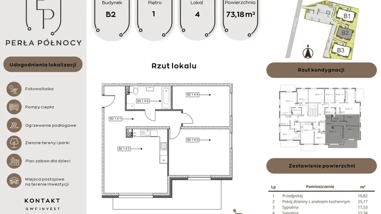 Rzut - Mieszkanie na sprzedaż 3 pokoje o powierzchni 73,18 m² - numer B2.1_4 w Perła Północy etap 2