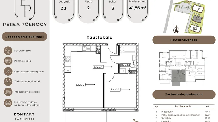 Rzut - Mieszkanie na sprzedaż 2 pokoje o powierzchni 41,86 m² - numer B2.2_3 w Perła Północy etap 2