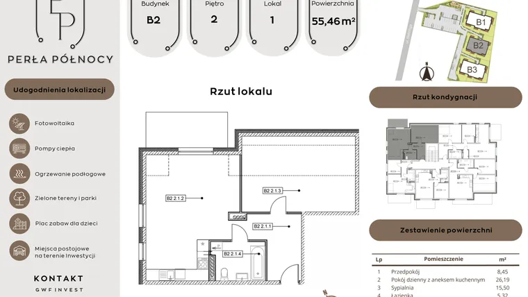 Rzut - Mieszkanie na sprzedaż 2 pokoje o powierzchni 55,46 m² - numer B2.2_1 w Perła Północy etap 2