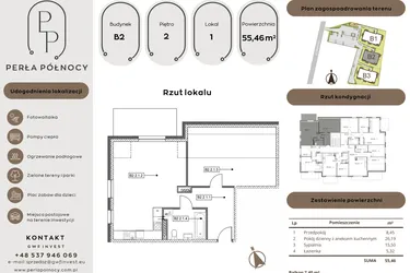 Rzut - Mieszkanie na sprzedaż 2 pokoje o powierzchni 55,46 m² - numer B2.2_1 w Perła Północy etap 2