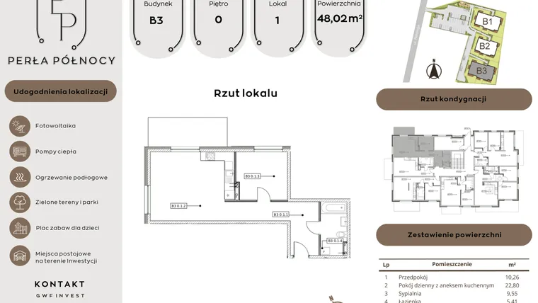 Rzut - Mieszkanie na sprzedaż 2 pokoje o powierzchni 48,02 m² - numer B3.0_1 w Perła Północy etap 2