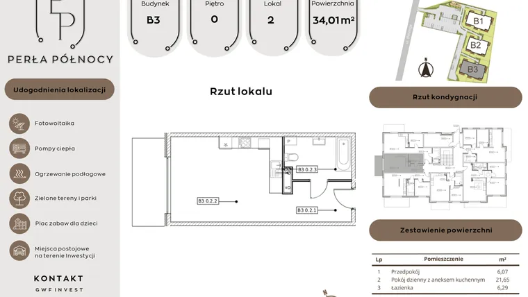 Rzut - Mieszkanie na sprzedaż 1 pokój o powierzchni 34,01 m² - numer B3.0_2 w Perła Północy etap 2