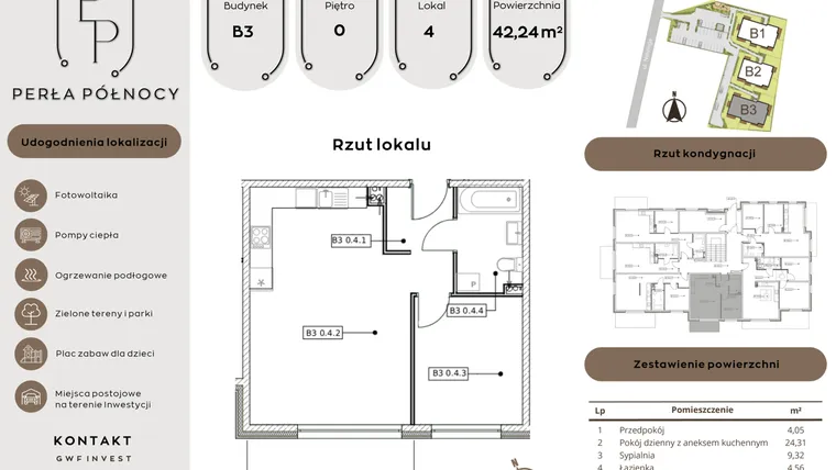 Rzut - Mieszkanie na sprzedaż 2 pokoje o powierzchni 42,24 m² - numer B3.0_4 w Perła Północy etap 2