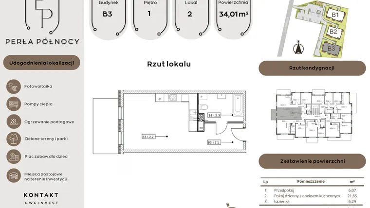 Rzut - Mieszkanie na sprzedaż 1 pokój o powierzchni 34,01 m² - numer B3.1_2 w Perła Północy etap 2