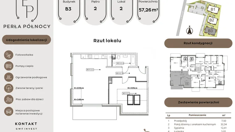 Rzut - Mieszkanie na sprzedaż 2 pokoje o powierzchni 57,26 m² - numer B3.2_2 w Perła Północy etap 2