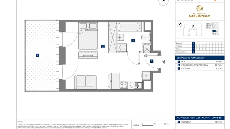 Rzut - Mieszkanie na sprzedaż 1 pokój o powierzchni 29,84 m² - numer G-3 w Apartamenty Park Matecznego Etap 2