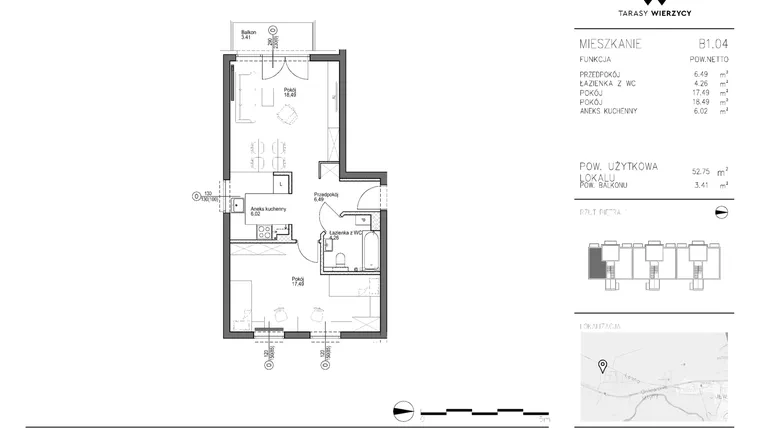 Rzut - Mieszkanie na sprzedaż 2 pokoje o powierzchni 52,75 m² - numer B1.04 w Tarasy Wierzycy