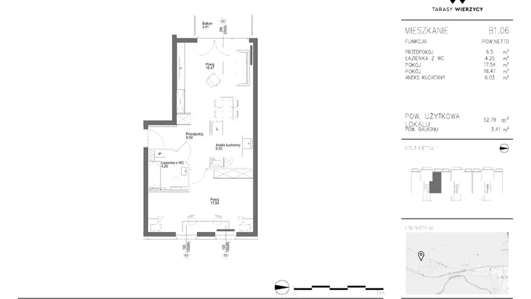 Rzut - Mieszkanie na sprzedaż 2 pokoje o powierzchni 52,79 m² - numer B1.06 w Tarasy Wierzycy