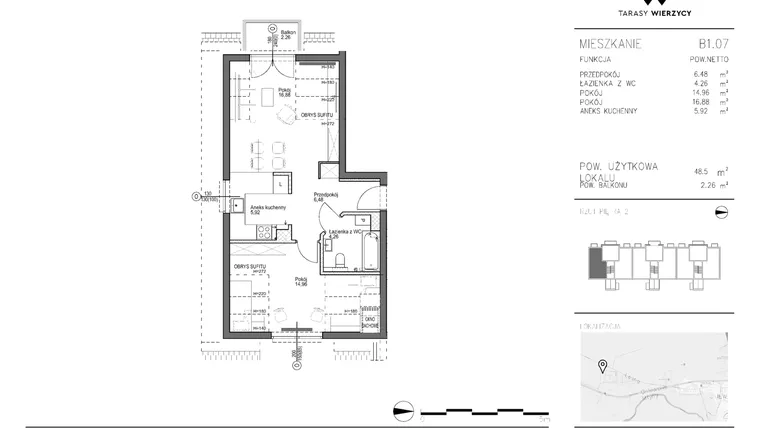 Rzut - Mieszkanie na sprzedaż 2 pokoje o powierzchni 48,5 m² - numer B1.07 w Tarasy Wierzycy