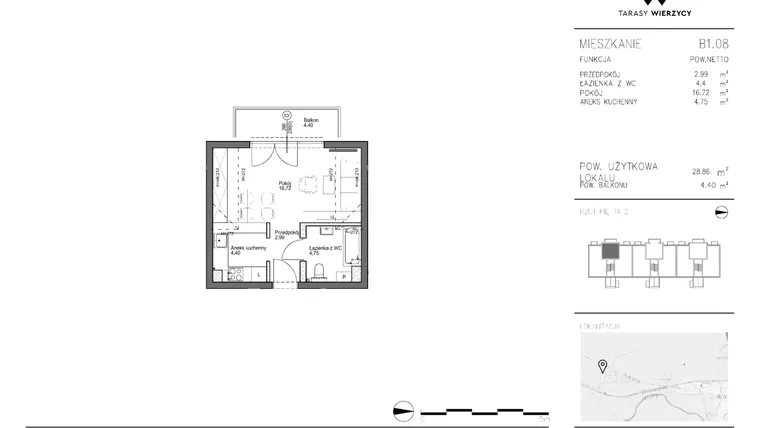 Rzut - Mieszkanie na sprzedaż 1 pokój o powierzchni 28,86 m² - numer B1.08 w Tarasy Wierzycy