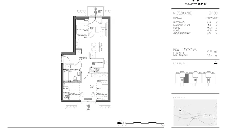 Rzut - Mieszkanie na sprzedaż 2 pokoje o powierzchni 48,26 m² - numer B1.09 w Tarasy Wierzycy