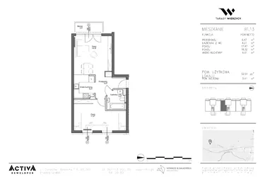 Rzut - Mieszkanie na sprzedaż 2 pokoje o powierzchni 52,54 m² - numer B1.13 w Tarasy Wierzycy