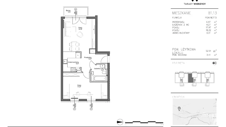 Rzut - Mieszkanie na sprzedaż 2 pokoje o powierzchni 52,54 m² - numer B1.13 w Tarasy Wierzycy