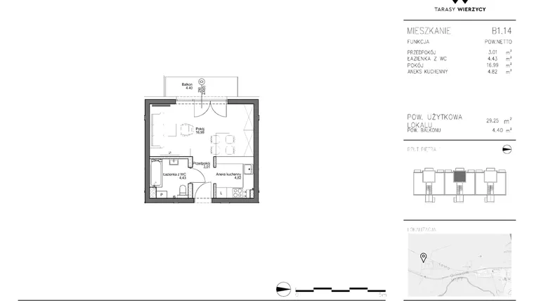 Rzut - Mieszkanie na sprzedaż 1 pokój o powierzchni 29,25 m² - numer B1.14 w Tarasy Wierzycy