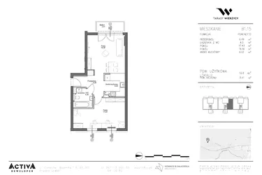 Rzut - Mieszkanie na sprzedaż 2 pokoje o powierzchni 52,8 m² - numer B1.15 w Tarasy Wierzycy