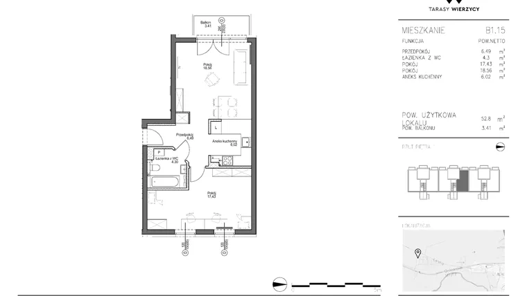 Rzut - Mieszkanie na sprzedaż 2 pokoje o powierzchni 52,8 m² - numer B1.15 w Tarasy Wierzycy