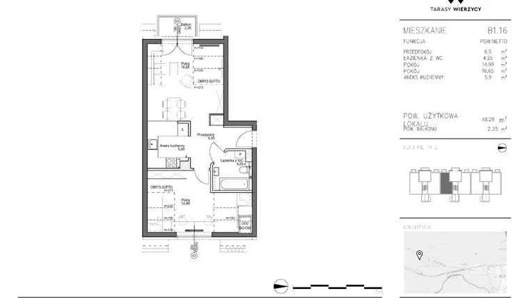 Rzut - Mieszkanie na sprzedaż 2 pokoje o powierzchni 48,29 m² - numer B1.16 w Tarasy Wierzycy