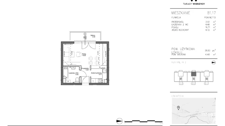 Rzut - Mieszkanie na sprzedaż 1 pokój o powierzchni 28,93 m² - numer B1.17 w Tarasy Wierzycy
