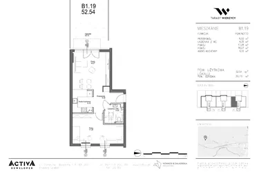 Rzut - Mieszkanie na sprzedaż 2 pokoje o powierzchni 52,54 m² - numer B1.19 w Tarasy Wierzycy