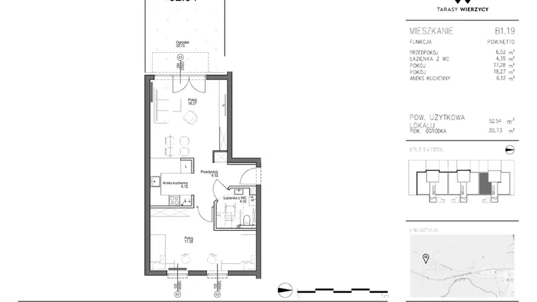 Rzut - Mieszkanie na sprzedaż 2 pokoje o powierzchni 52,54 m² - numer B1.19 w Tarasy Wierzycy
