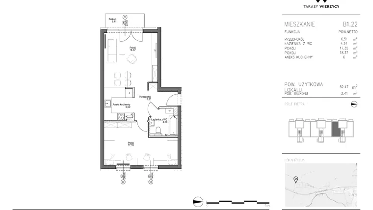 Rzut - Mieszkanie na sprzedaż 2 pokoje o powierzchni 52,47 m² - numer B1.22 w Tarasy Wierzycy