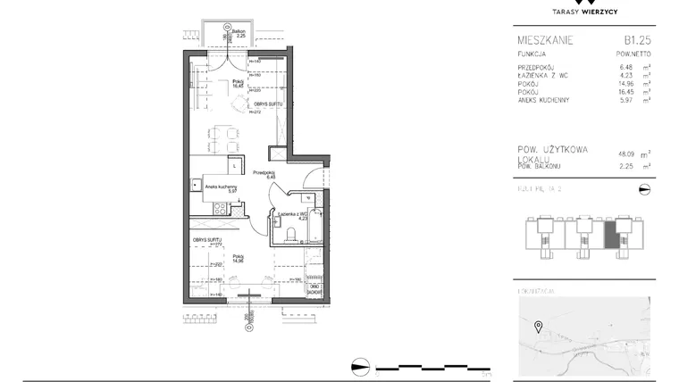 Rzut - Mieszkanie na sprzedaż 2 pokoje o powierzchni 48,09 m² - numer B1.25 w Tarasy Wierzycy