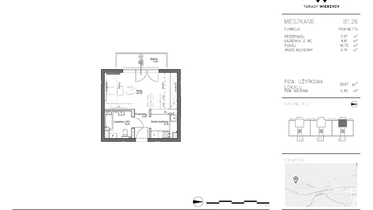 Rzut - Mieszkanie na sprzedaż 1 pokój o powierzchni 28,87 m² - numer B1.26 w Tarasy Wierzycy