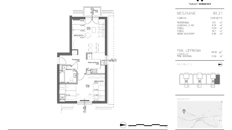 Rzut - Mieszkanie na sprzedaż 2 pokoje o powierzchni 48,29 m² - numer B1.27 w Tarasy Wierzycy