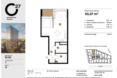 Rzut - Mieszkanie na sprzedaż 1 pokój o powierzchni 53,37 m² - numer M.92 w O27 Apartamenty Opolska