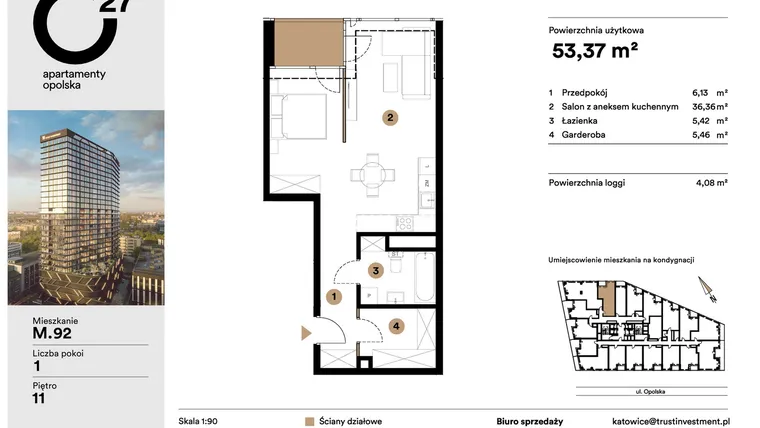 Rzut - Mieszkanie na sprzedaż 1 pokój o powierzchni 53,37 m² - numer M.92 w O27 Apartamenty Opolska