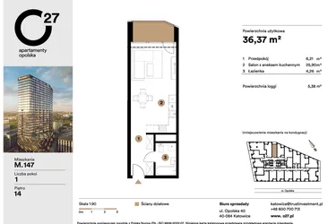 Rzut - Mieszkanie na sprzedaż 1 pokój o powierzchni 36,37 m² - numer M.147 w O27 Apartamenty Opolska