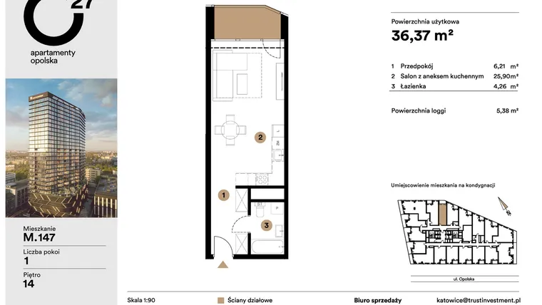 Rzut - Mieszkanie na sprzedaż 1 pokój o powierzchni 36,37 m² - numer M.147 w O27 Apartamenty Opolska