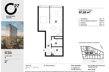 Rzut - Mieszkanie na sprzedaż 1 pokój o powierzchni 57,53 m² - numer M.200 w O27 Apartamenty Opolska