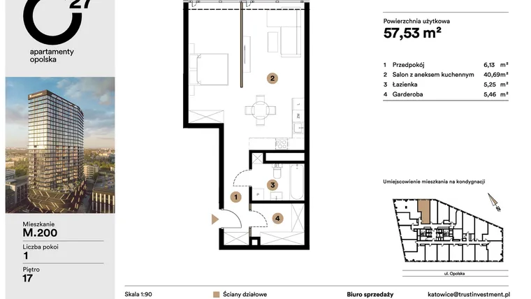 Rzut - Mieszkanie na sprzedaż 1 pokój o powierzchni 57,53 m² - numer M.200 w O27 Apartamenty Opolska