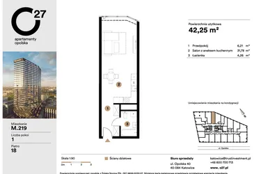 Rzut - Mieszkanie na sprzedaż 1 pokój o powierzchni 42,25 m² - numer M.219 w O27 Apartamenty Opolska
