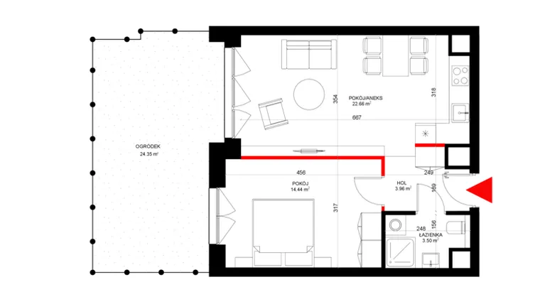 Rzut - Mieszkanie na sprzedaż 2 pokoje o powierzchni 46,14 m² - numer E.0.1 w INSPIRE ETAP IV