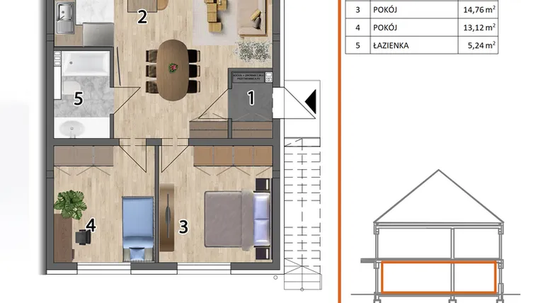 Rzut - Mieszkanie na sprzedaż 3 pokoje o powierzchni 72,56 m² - numer 6PD w Osiedle Przyjazne etap V