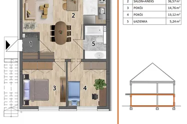 Rzut - Mieszkanie na sprzedaż 3 pokoje o powierzchni 72,56 m² - numer 7LD w Osiedle Przyjazne etap V