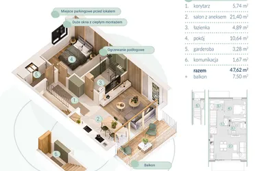 Rzut - Mieszkanie na sprzedaż 2 pokoje o powierzchni 47,62 m² - numer A.2.2 w Enklawa