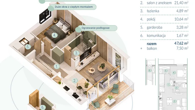 Rzut - Mieszkanie na sprzedaż 2 pokoje o powierzchni 47,62 m² - numer A.2.2 w Enklawa