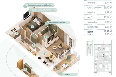 Rzut - Mieszkanie na sprzedaż 2 pokoje o powierzchni 47,62 m² - numer B.2.2 w Enklawa