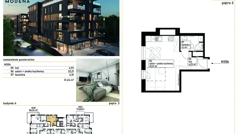 Rzut - Mieszkanie na sprzedaż 1 pokój o powierzchni 31,04 m² - numer M30b w Modena Bytkowska 113