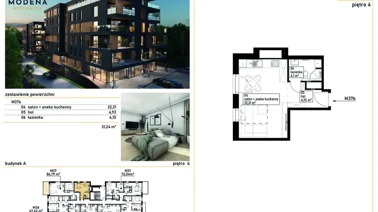 Rzut - Mieszkanie na sprzedaż 1 pokój o powierzchni 31,24 m² - numer M37b w Modena Bytkowska 113