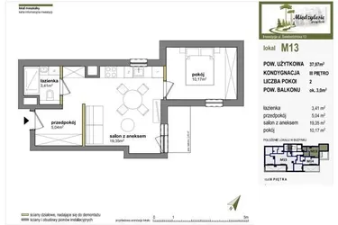 Rzut - Mieszkanie na sprzedaż 2 pokoje o powierzchni 37,97 m² - numer M13 w Międzylesie przy lesie